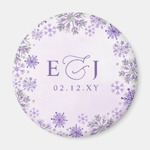 Monogramm Silber Lila Schneeflocken Winterhochzeit Magnet