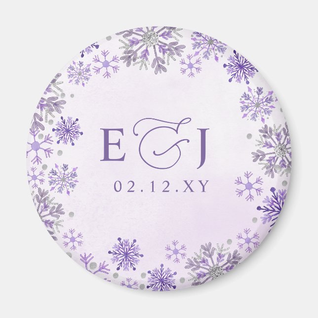 Monogramm Silber Lila Schneeflocken Winterhochzeit Magnet (Vorne)
