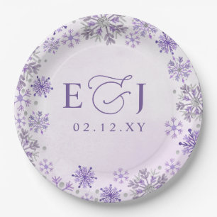 Monogramm Silber Lila Schneeflocken Winterhochzeit Pappteller