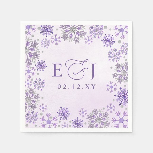 Monogramm Silber Lila Schneeflocken Winterhochzeit Serviette (Vorderseite)