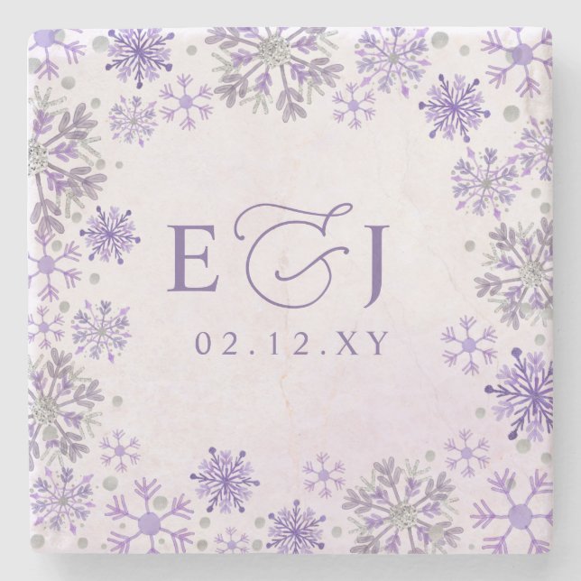 Monogramm Silber Lila Schneeflocken Winterhochzeit Steinuntersetzer (Vorderseite)