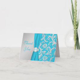 Monogramm Silber, Türkis Damask Danke Karte