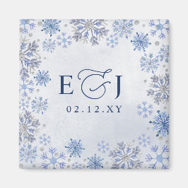 Monogramm Silberblaue Schneeflocken Winterhochzeit Magnet