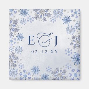 Monogramm Silberblaue Schneeflocken Winterhochzeit Magnet