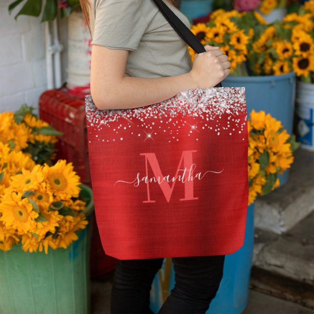 Monogramm Silberer Glitzer Roter Streifen (Signature Monogram Silver Glitter Red Foil Tote Bag)