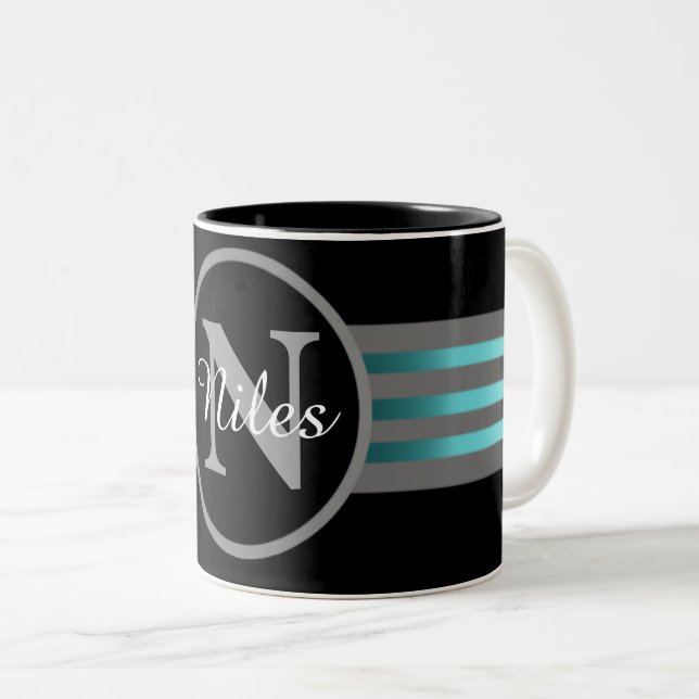 Monogramm Silhouette Schwarze und graue Streifen Zweifarbige Tasse (VorderseiteRechts)