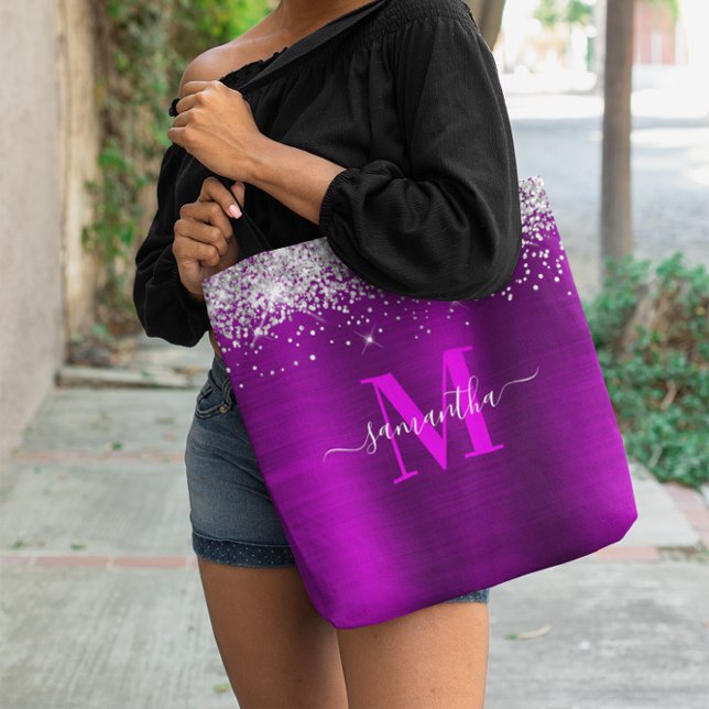 Monogramm Silver Glitzer Magenta Lila (Signature Monogram Silver Glitter Magenta Purple Tote Bag)