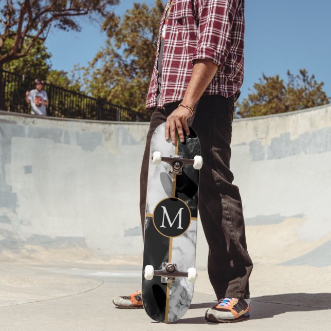 Monogramm-Skateboard - Schwarz-weißer Karo-Marmor Skateboard (Außenbereich 2)