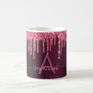 Monogramm-Skript für Burgundy-Glitzer-Tropfen Kaffeetasse