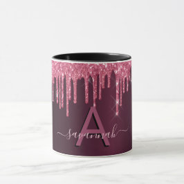 Monogramm-Skript für Burgundy-Glitzer-Tropfen Tasse