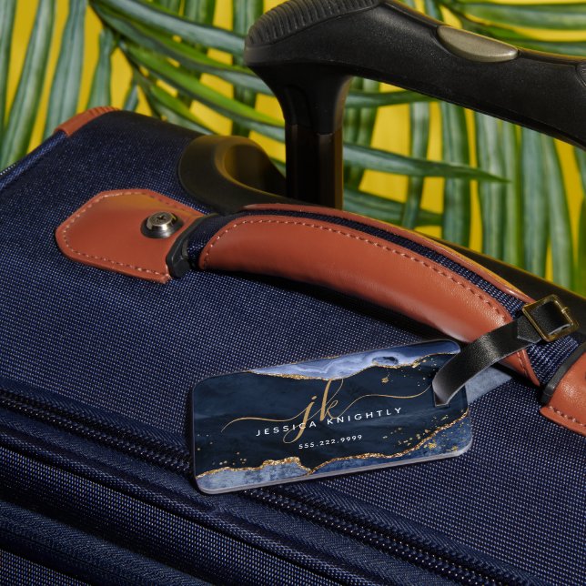 Monogramm-Skript für Navy Blue Agate Geode Gold Gl Gepäckanhänger (Rückseite Insitu 1)