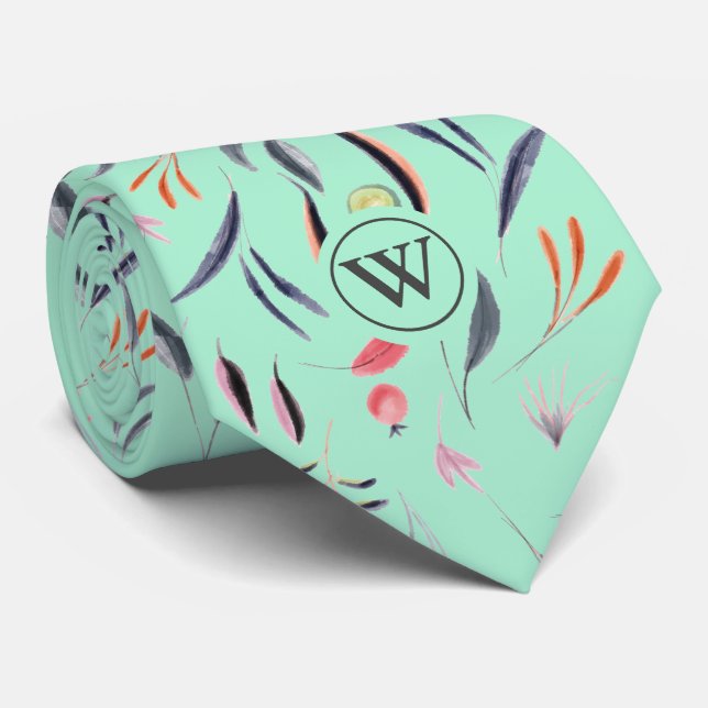 Monogramm-Skript für Neo Mint Floral Watercolor Krawatte (Gerollt)