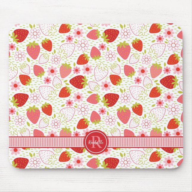 Monogramm Sommer-Erdbeer-Fruchtmuster Mousepad (Vorne)