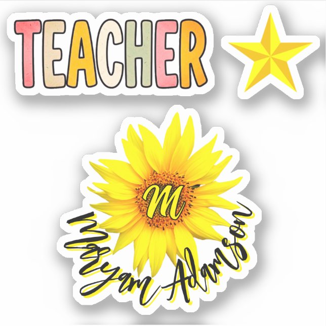 Monogramm-Sonnenblume + Name | Lehrer-Würdigung Aufkleber (Vorderseite)
