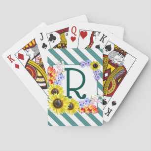 Monogramm Sonnenblumen Diagonale Aquamarine Streif Spielkarten