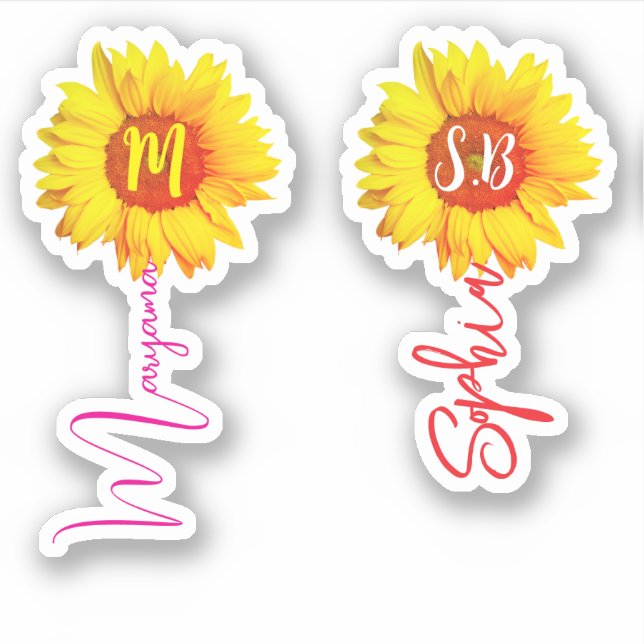 (Monogramm Sonnenblumen für Mädchen) Handgeschrieb Aufkleber (Vorderseite)