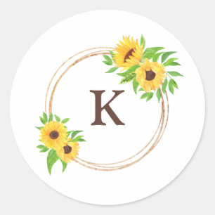 Monogramm-Sonnenblumen-Grün-Rustikale-Umschlag-Sie Runder Aufkleber