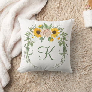 Monogramm Sonnenblumen Rosen Grünzeug Floral Botan Kissen