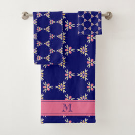 Monogramm-spanisches Mittelmeerindigo-Blumenfliese Badhandtuch Set