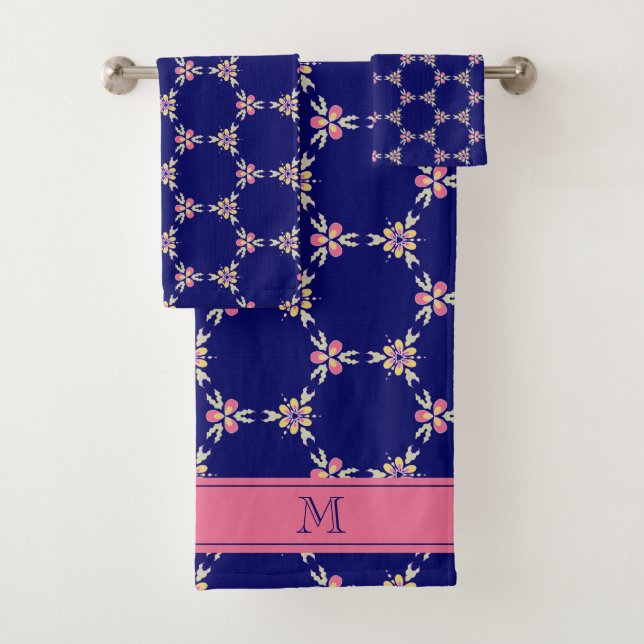Monogramm-spanisches Mittelmeerindigo-Blumenfliese Badhandtuch Set (Insitu)