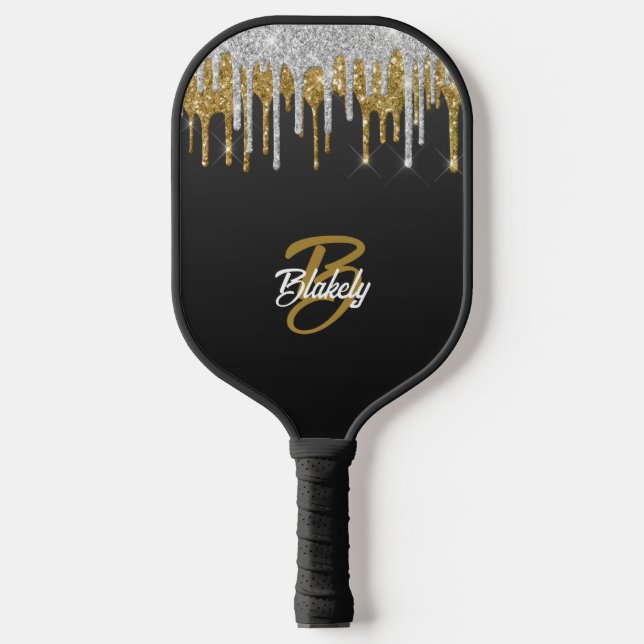 Monogramm-Sparkon für den Gold Silver Glitzer Trop Pickleball Schläger (Vorderseite)