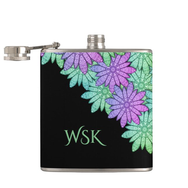 Monogramm Spaß Lila und grüne Blume Flachmann (Geöffnet)