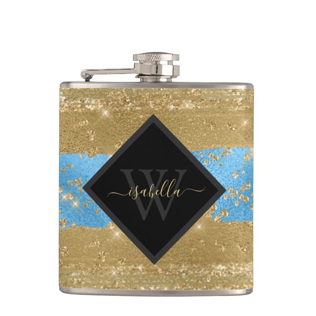 Monogramm Spaß modernes goldenes Glitter Schrift Flachmann (Vorderseite)