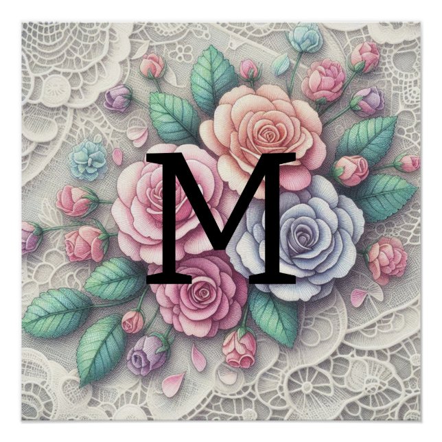 Monogramm Spitze blass rosa lila blaue Rose Poster (Vorderseite)