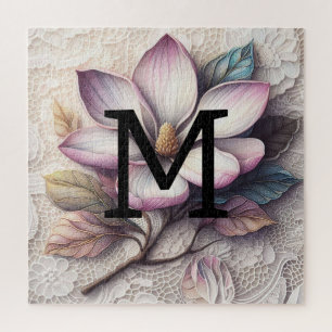 Monogramm Spitze Blumenrosa lila Magnolische Blume Puzzle