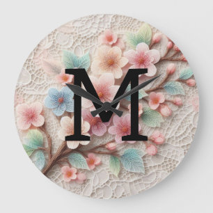 Monogramm Spitze Blütenpinke Pastellblüte Große Wanduhr