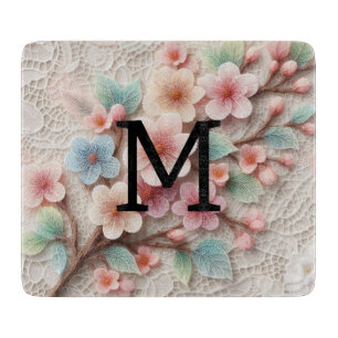 Monogramm Spitze Blütenpinke Pastellblüte Schneidebrett