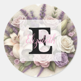 Monogramm-Spitze floral lila Rosen Lavendel Lilien Runder Aufkleber