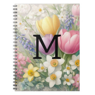 Monogramm-Spitze floral pastellrosa Tulpen Narziss Notizblock