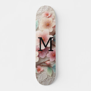 Monogramm-Spitze floral rosa pastell Kirschblüte  Skateboard