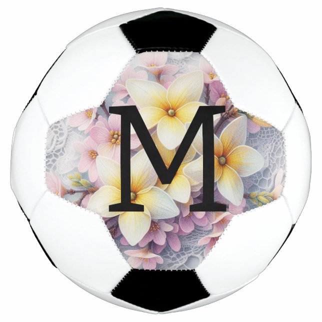 Monogramm-Spitze rosa und gelbe Frühlingsblumen  Fußball (Vorderseite)