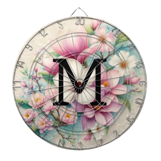 Monogramm-Spitze rosa violette Magnolienblüten  Dartscheibe (vorne)