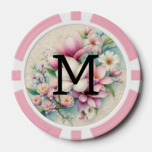 Monogramm-Spitze rosa violette Magnolienblüten Pokerchips