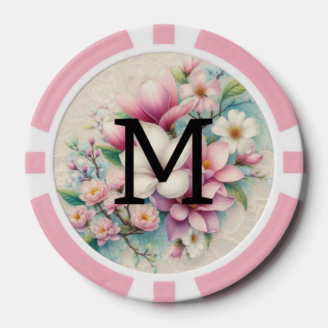 Monogramm-Spitze rosa violette Magnolienblüten  Pokerchips (Vorderseite)