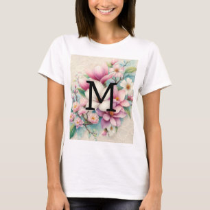Monogramm-Spitze rosa violette Magnolienblüten  T-Shirt