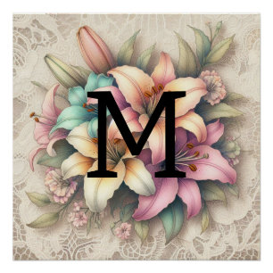 Monogramm Spitzen blorrosa aquamarine Lilien Poster