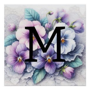 Monogramm Spitzen Blumenrosa lila Stiefmütterchen Poster