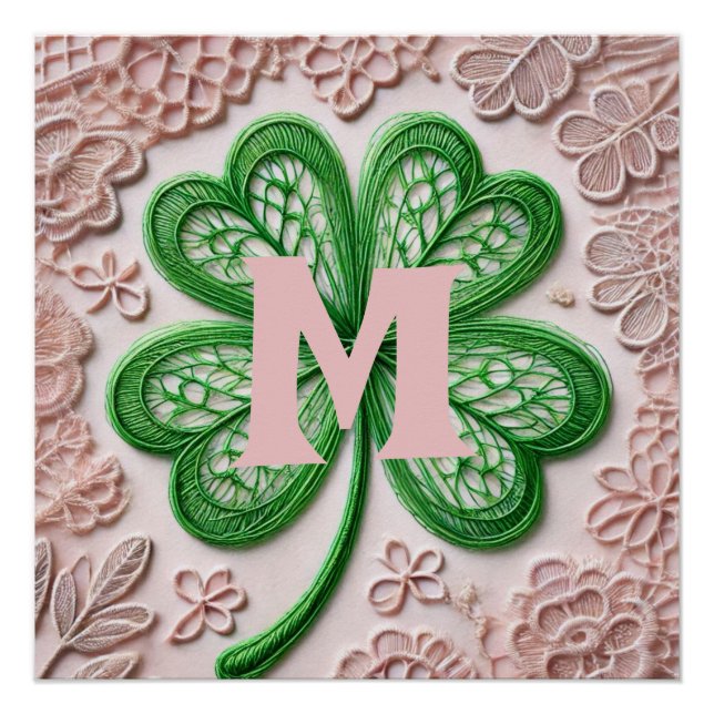 Monogramm Spitzen-grünes Kleeblatt St Patrick's Da Poster (Vorderseite)
