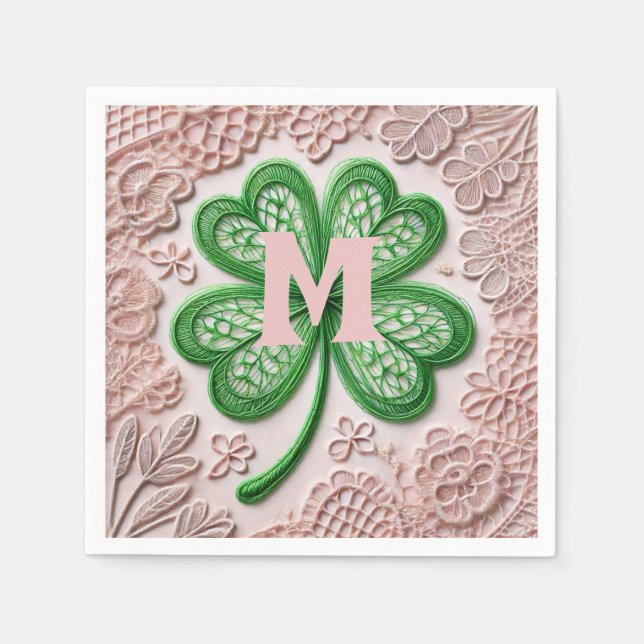 Monogramm Spitzen-grünes Kleeblatt St Patrick's Da Serviette (Vorderseite)