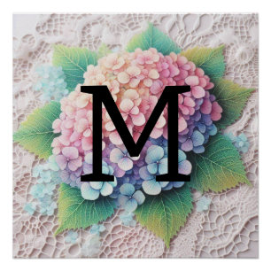 Monogramm Spitzen-Pink-Purpur Hydrangea-Blume Poster
