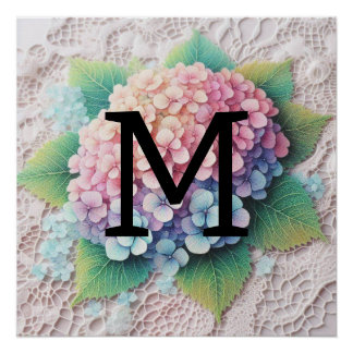 Monogramm Spitzen-Pink-Purpur Hydrangea-Blume Poster