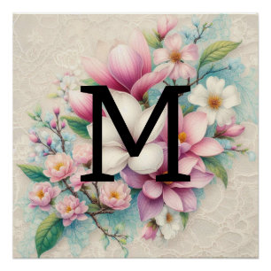 Monogramm Spitzen rosa lila Magnolien Blume Poster