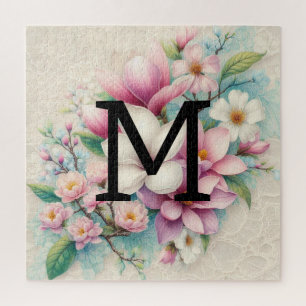 Monogramm Spitzen rosa lila Magnolien Blume Puzzle