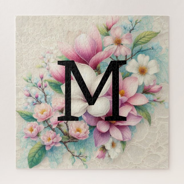 Monogramm Spitzen rosa lila Magnolien Blume Puzzle (Vertikal)