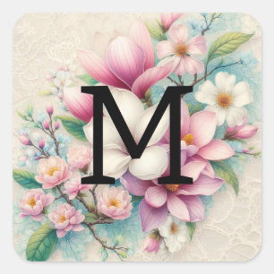 Monogramm Spitzen rosa lila Magnolien Blume Quadratischer Aufkleber