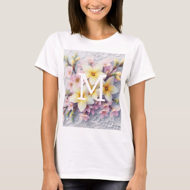 Monogramm Spitzen rosa und gelbe Frühlingsblumen T-Shirt (Vorderseite)